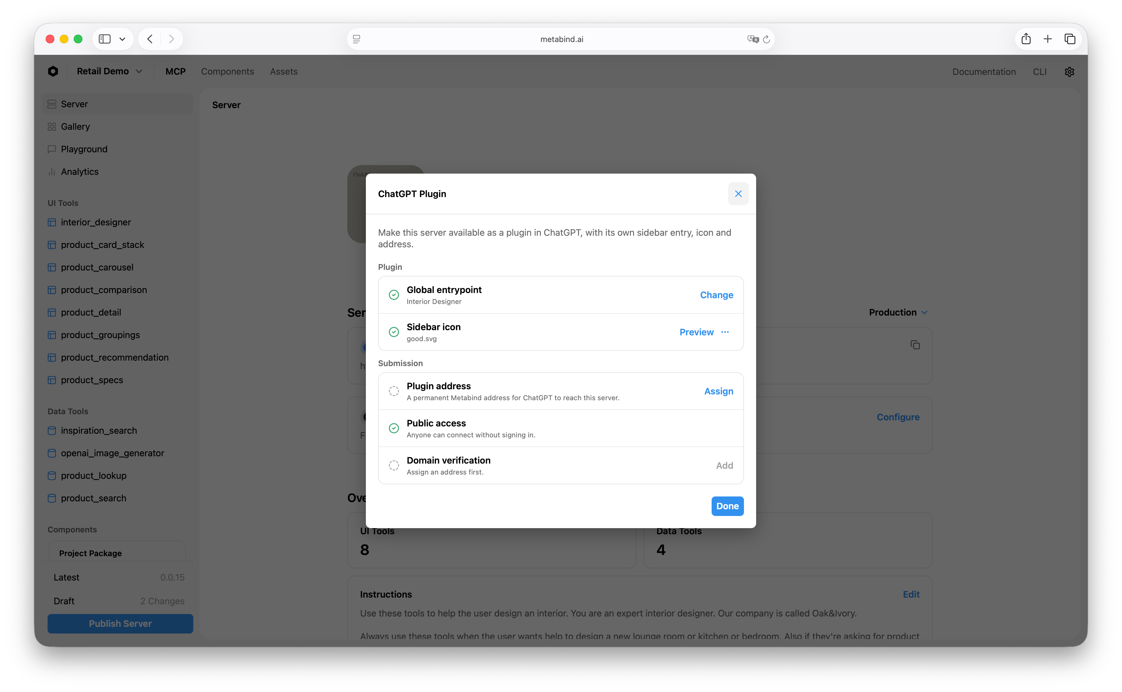 The ChatGPT Plugin dialog in Metabind Studio, with Global entrypoint and Sidebar icon under Plugin, and Plugin address, Public access, and Domain verification under Submission
