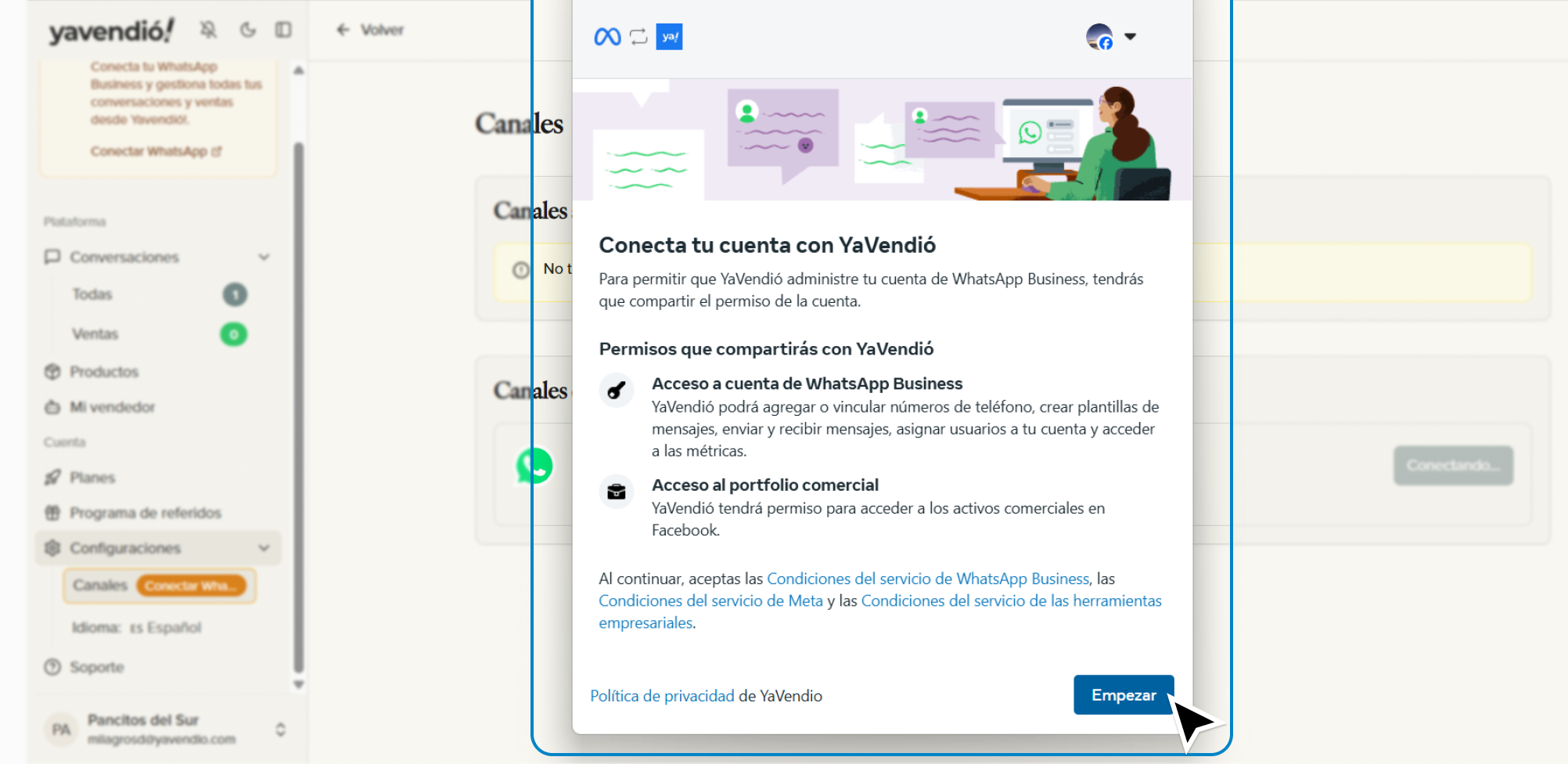 Pantalla de permisos de integración