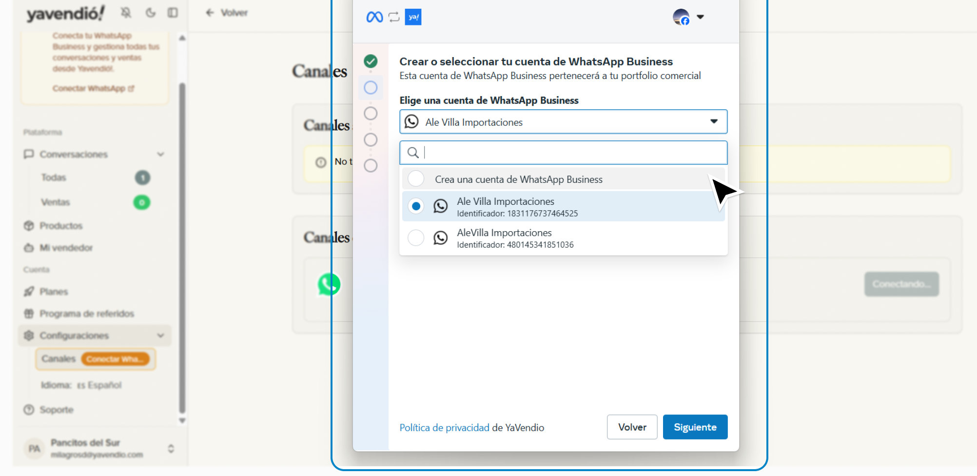 Selección de cuenta de WhatsApp Business