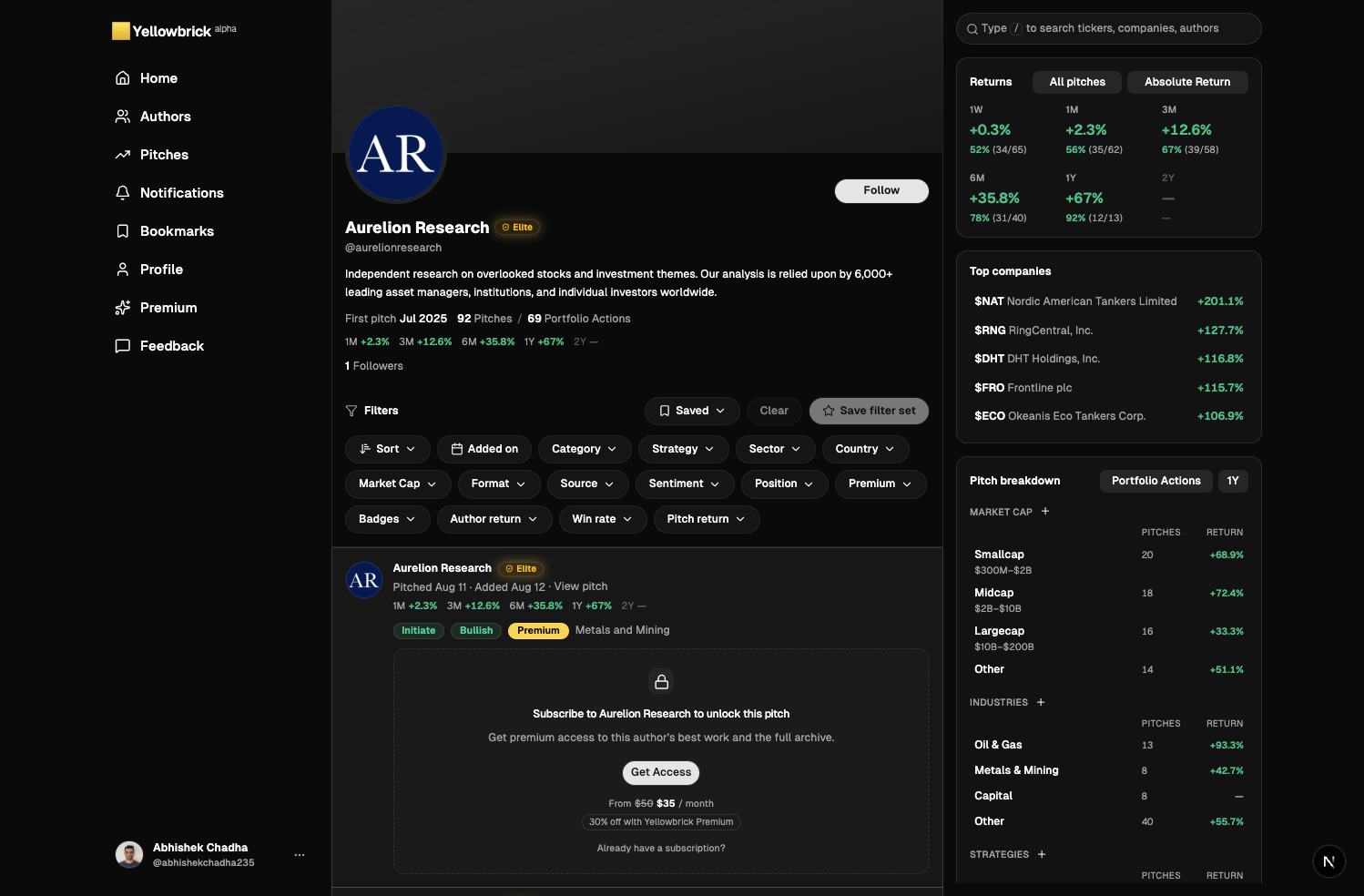Aurelion Research profile in dark mode with Elite badge, returns, and a locked premium pitch with Get Access