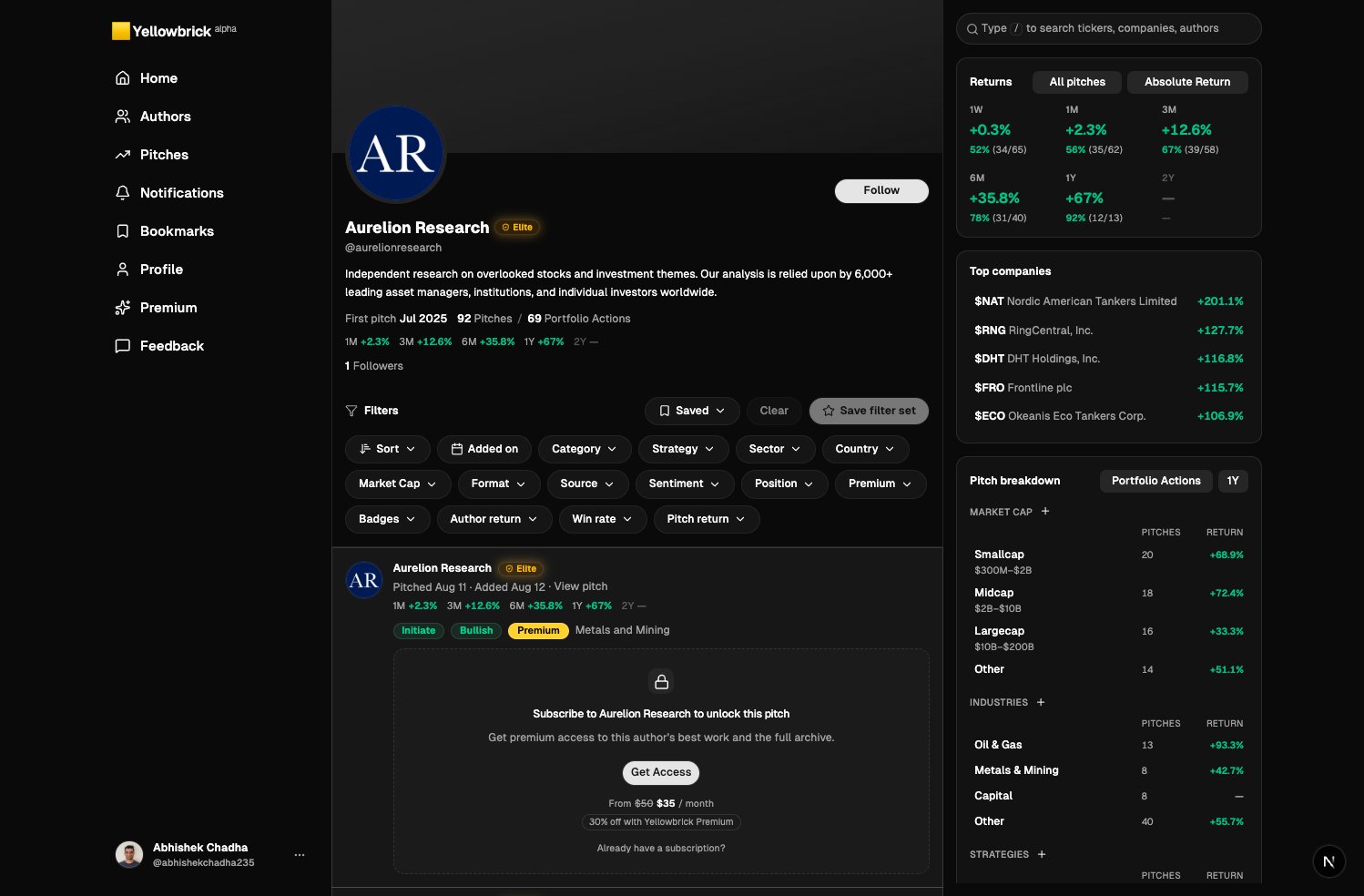 Aurelion Research profile in dark mode with Elite badge, returns, and a locked premium pitch with Get Access