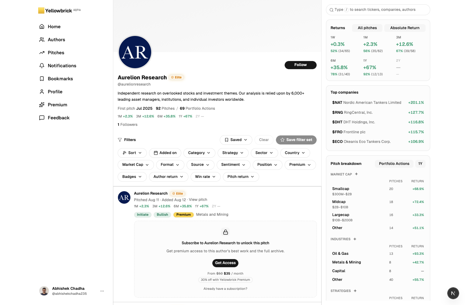 Aurelion Research profile in light mode with Elite badge, returns, and a locked premium pitch with Get Access