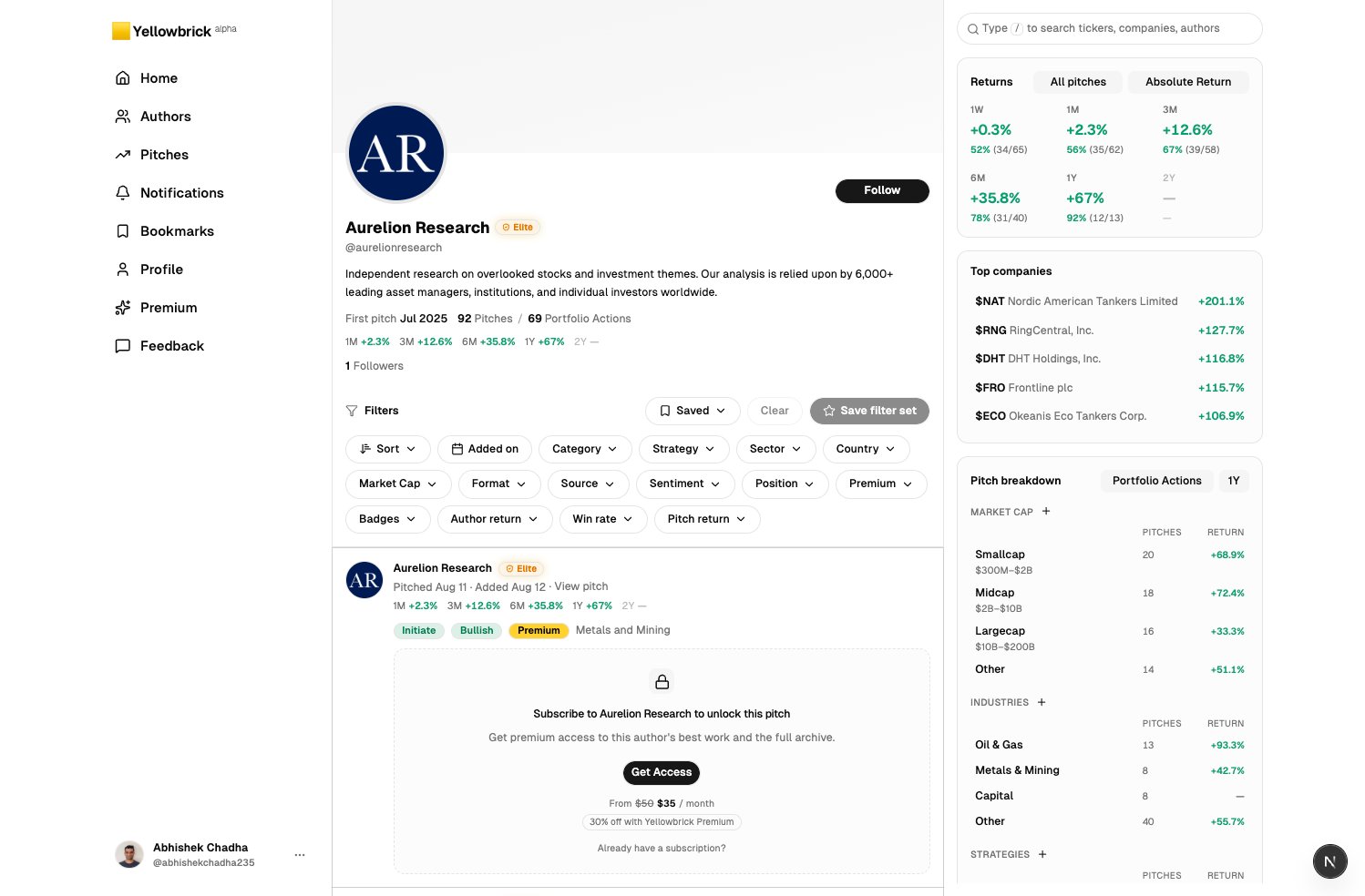 Aurelion Research profile in light mode with Elite badge, returns, and a locked premium pitch with Get Access