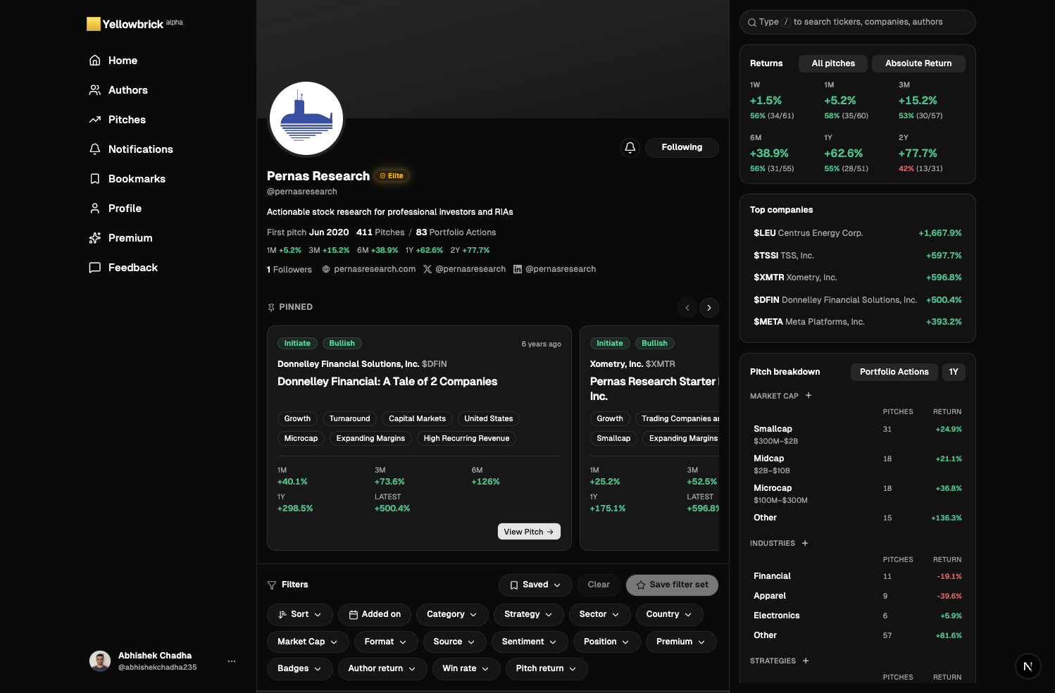 @pernasresearch author profile in dark mode, with Following, returns, pinned pitches, and top companies