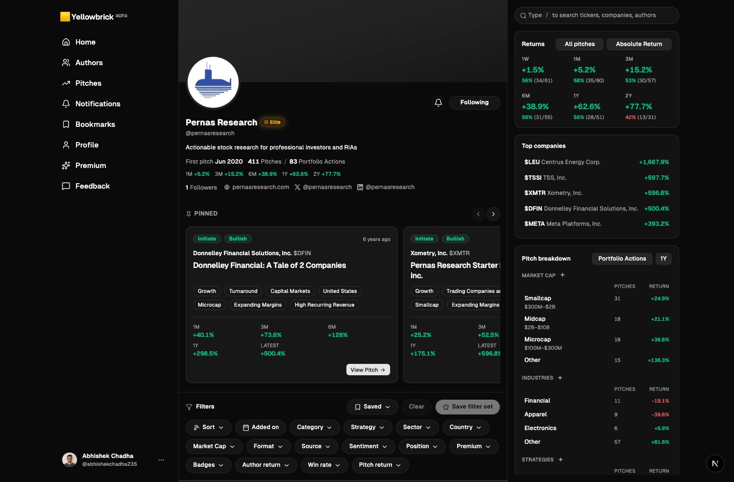 @pernasresearch author profile in dark mode, with Following, returns, pinned pitches, and top companies