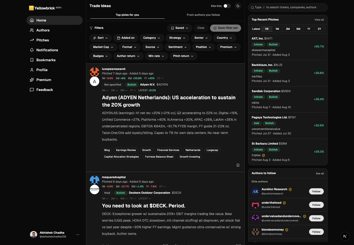 Yellowbrick home feed in dark mode, showing ranked pitches, filters, and authors to follow