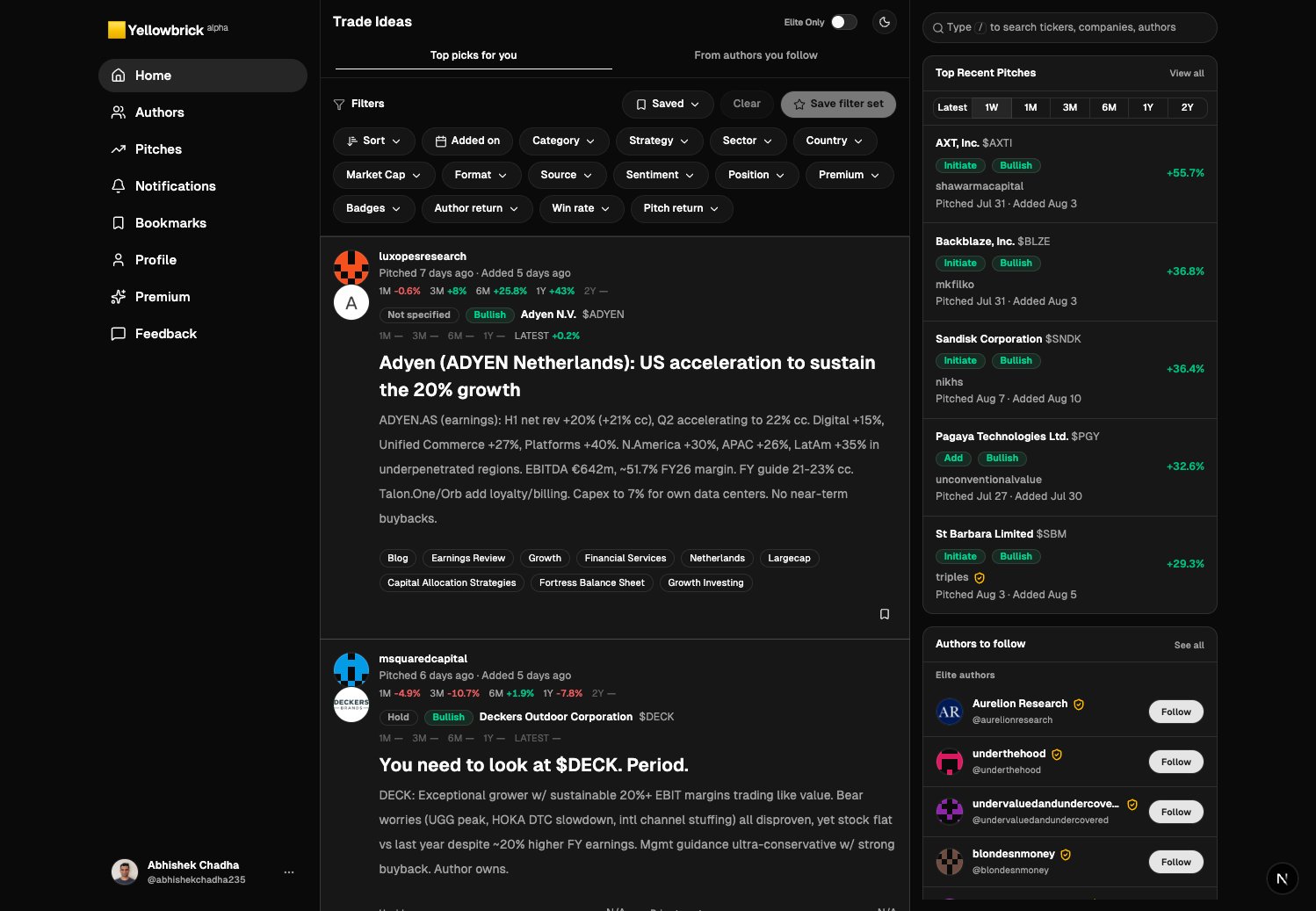 Yellowbrick home feed in dark mode, showing ranked pitches, filters, and authors to follow