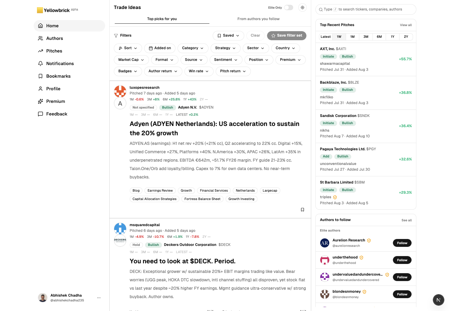 Yellowbrick home feed in light mode, showing ranked pitches, filters, and authors to follow
