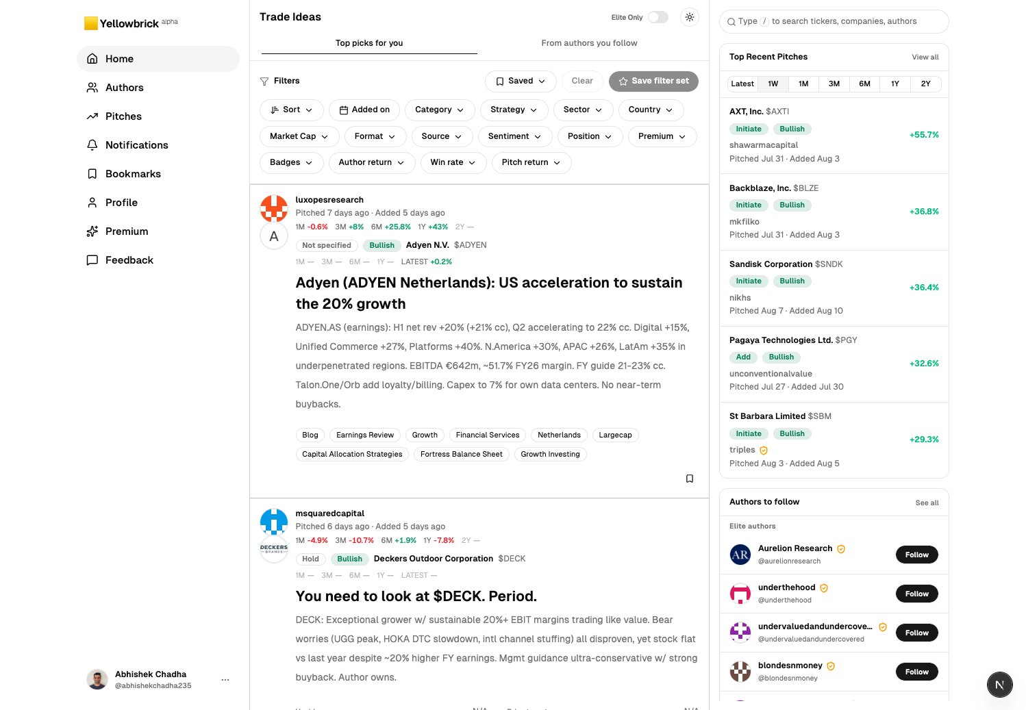 Yellowbrick home feed in light mode, showing ranked pitches, filters, and authors to follow