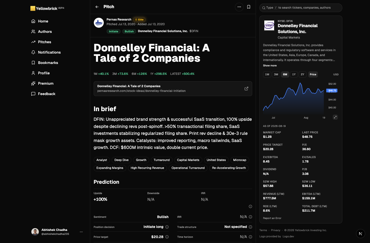Pitch by @pernasresearch in dark mode: Donnelley Financial, with thesis in the center and company chart on the right