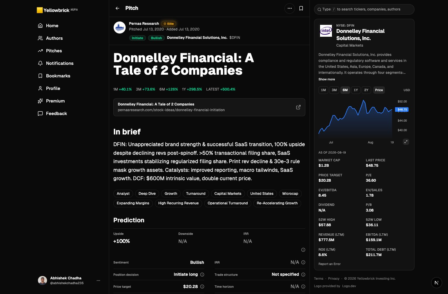 Pitch by @pernasresearch in dark mode: Donnelley Financial, with thesis in the center and company chart on the right