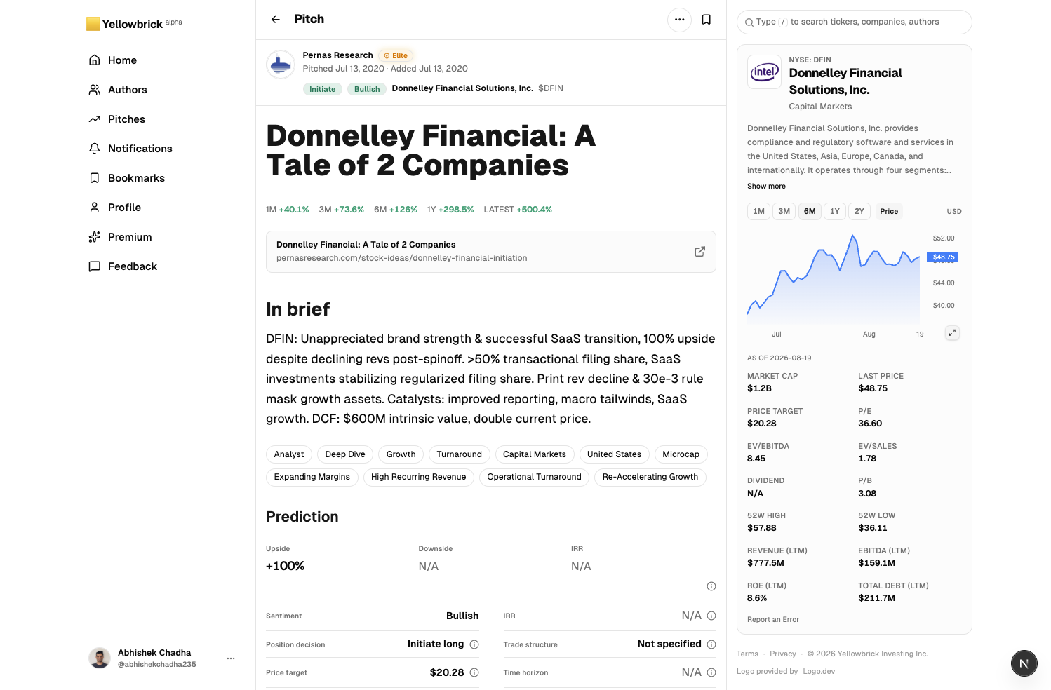 Pitch by @pernasresearch in light mode: Donnelley Financial, with thesis in the center and company chart on the right