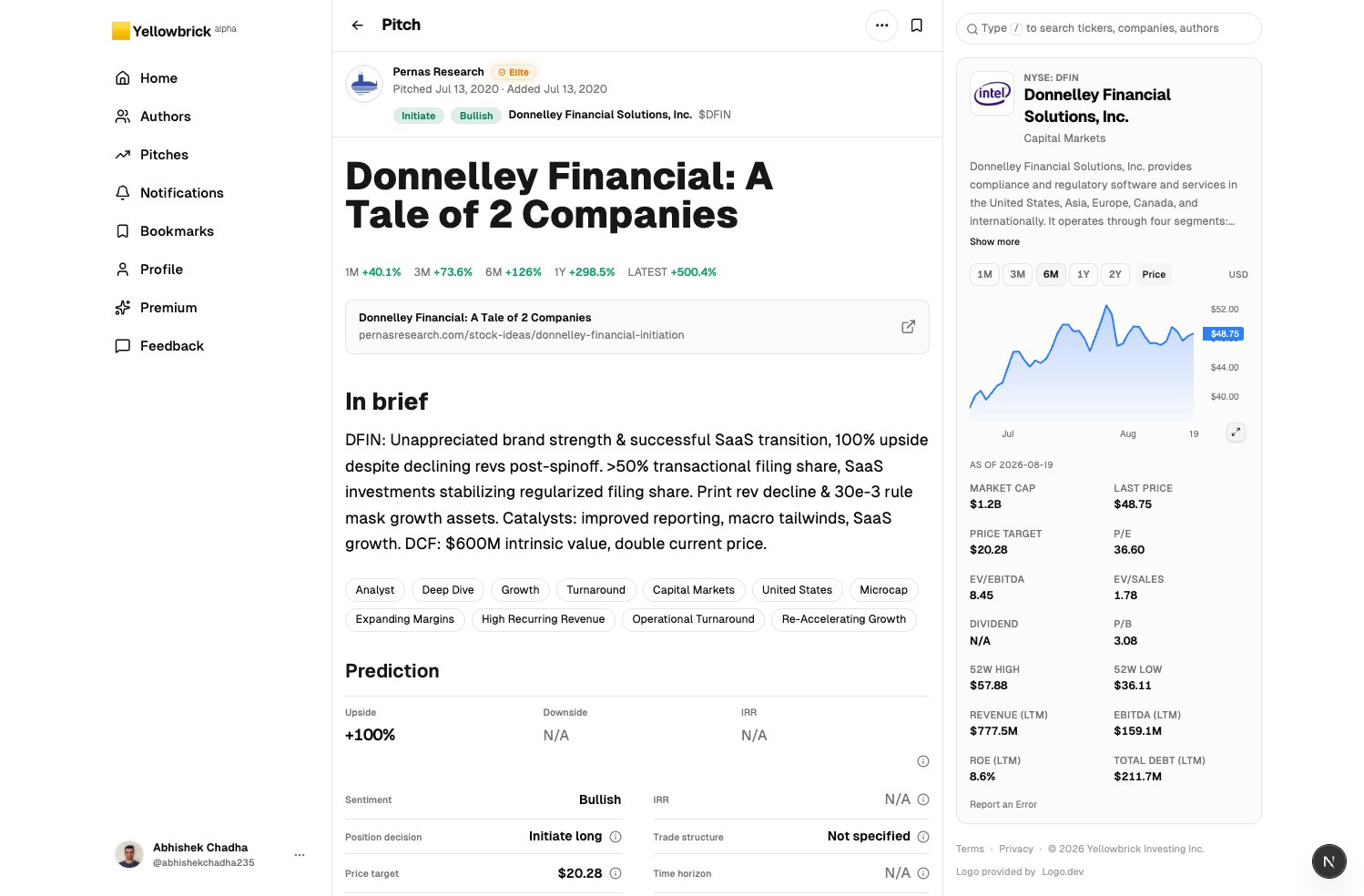Pitch by @pernasresearch in light mode: Donnelley Financial, with thesis in the center and company chart on the right