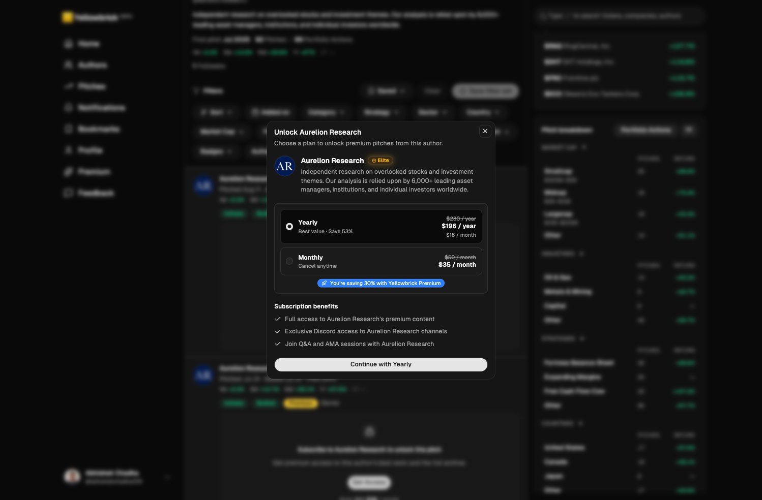 Unlock Aurelion Research dialog in dark mode with yearly and monthly plans and Yellowbrick Premium savings applied