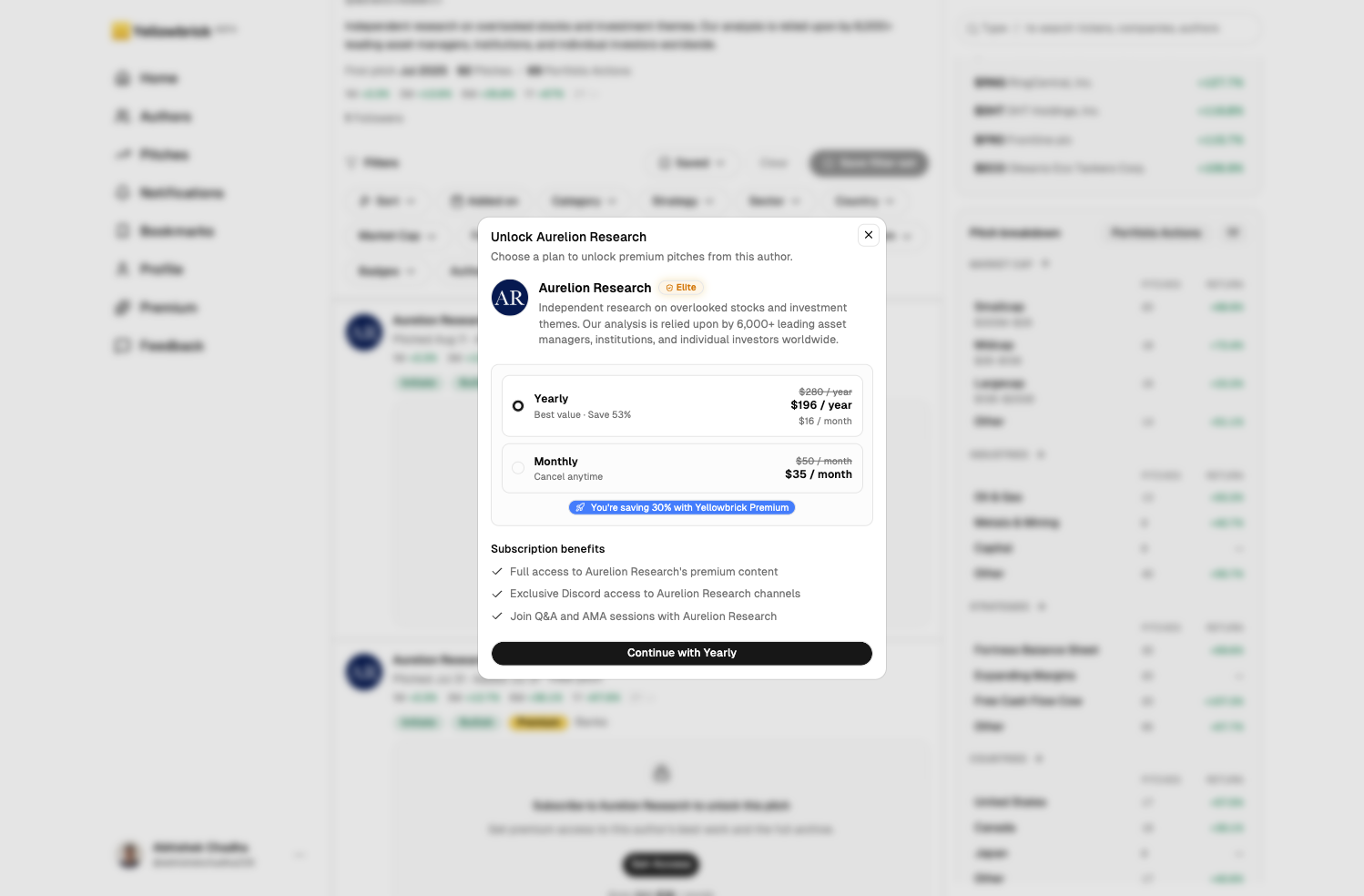 Unlock Aurelion Research dialog in light mode with yearly and monthly plans and Yellowbrick Premium savings applied