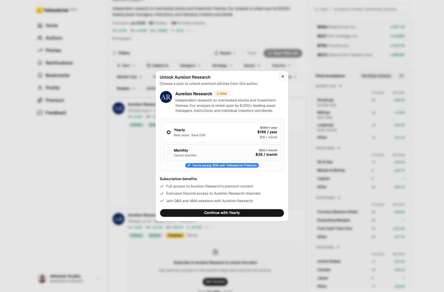 Unlock Aurelion Research dialog in light mode with yearly and monthly plans and Yellowbrick Premium savings applied