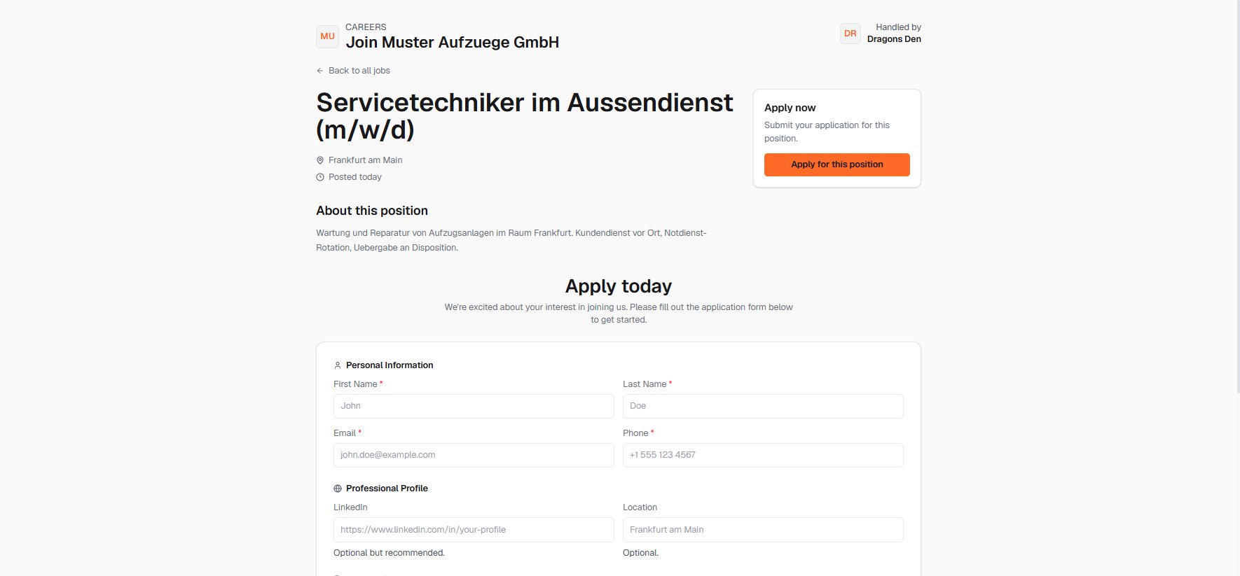 Öffentliche Karriereseite einer Stelle mit Bewerbungsformular
