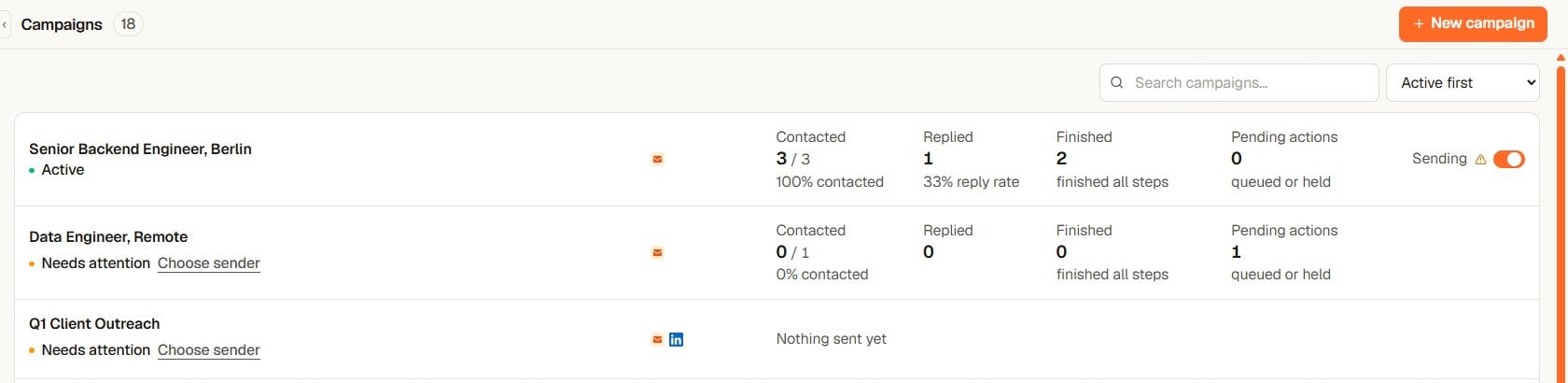 Campaigns list in Yena with the Sending switch on a running campaign