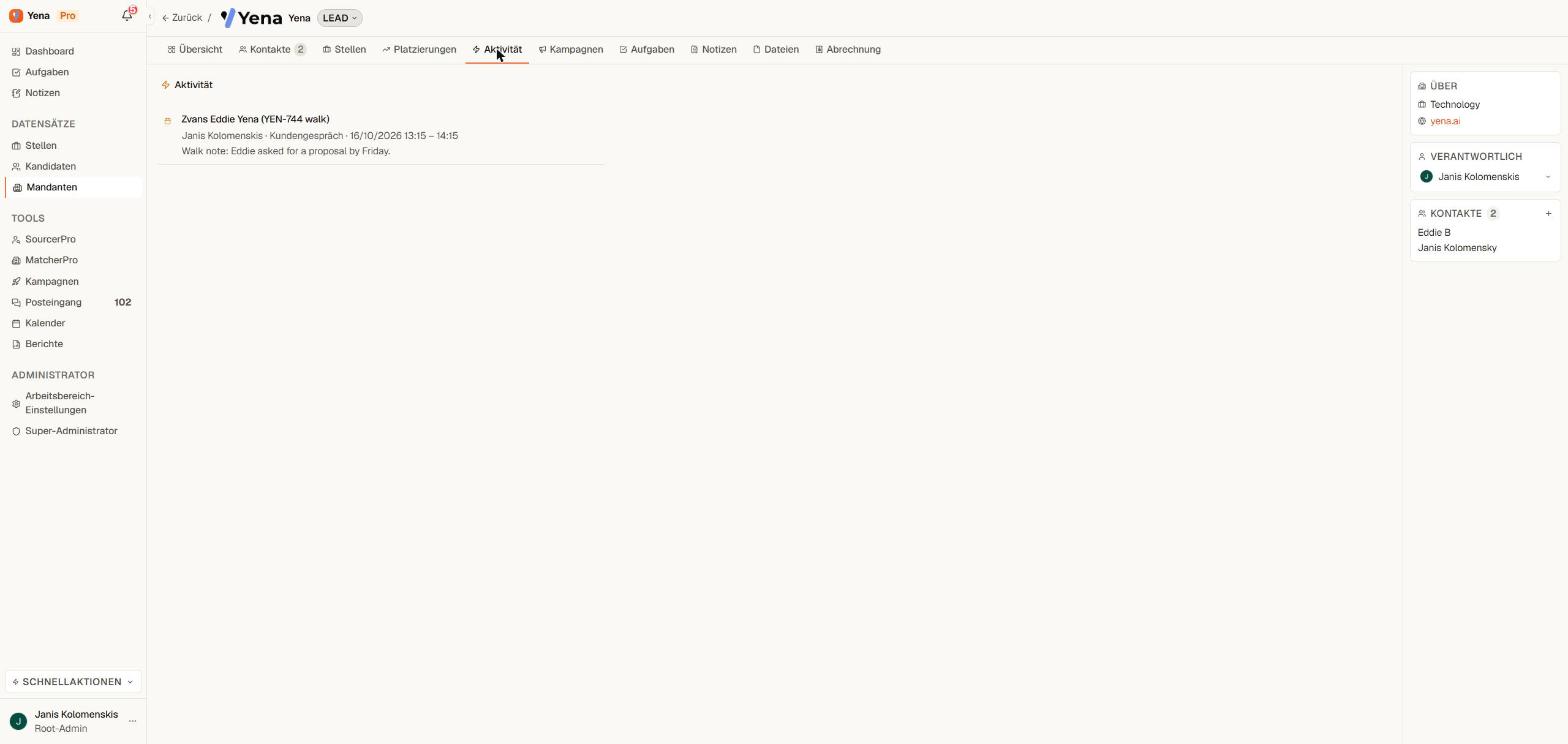 Company Activity tab showing a client call with the colleague's name, type, time and notes