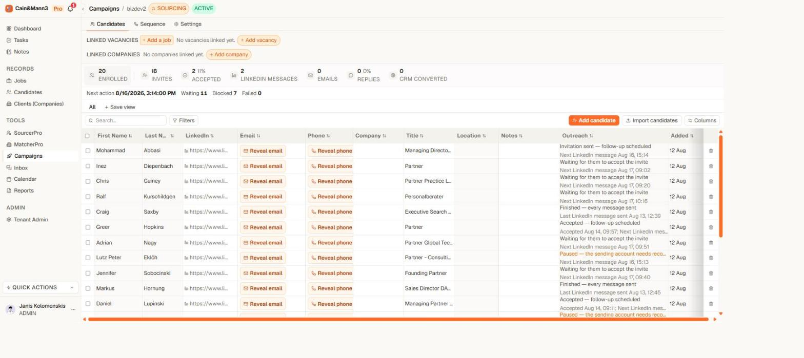 Campaign Candidates tab in Yena with live Outreach statuses
