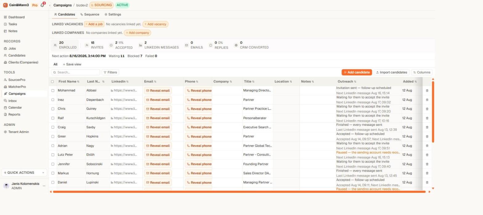 Campaign Candidates tab in Yena with live Outreach statuses