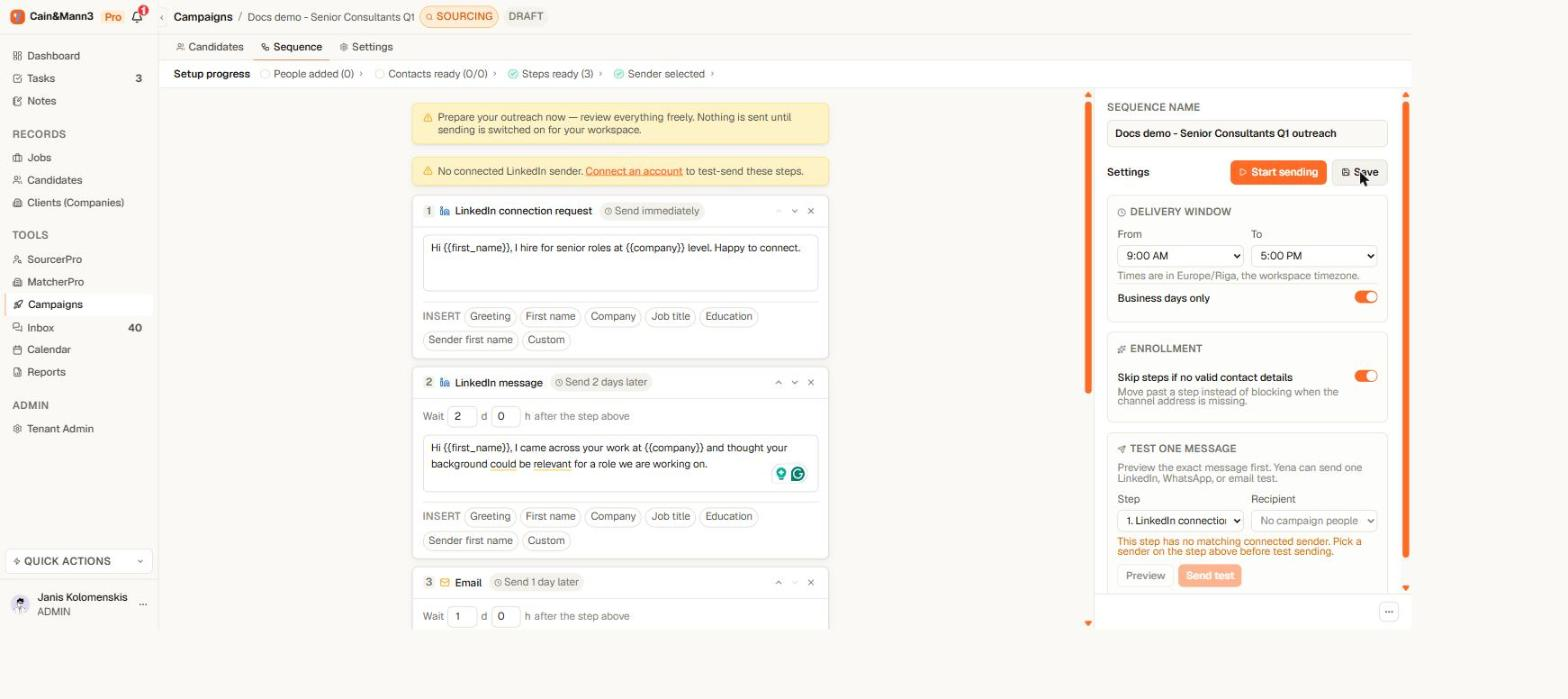 Sequence editor in Yena with email and LinkedIn steps and timing sentences