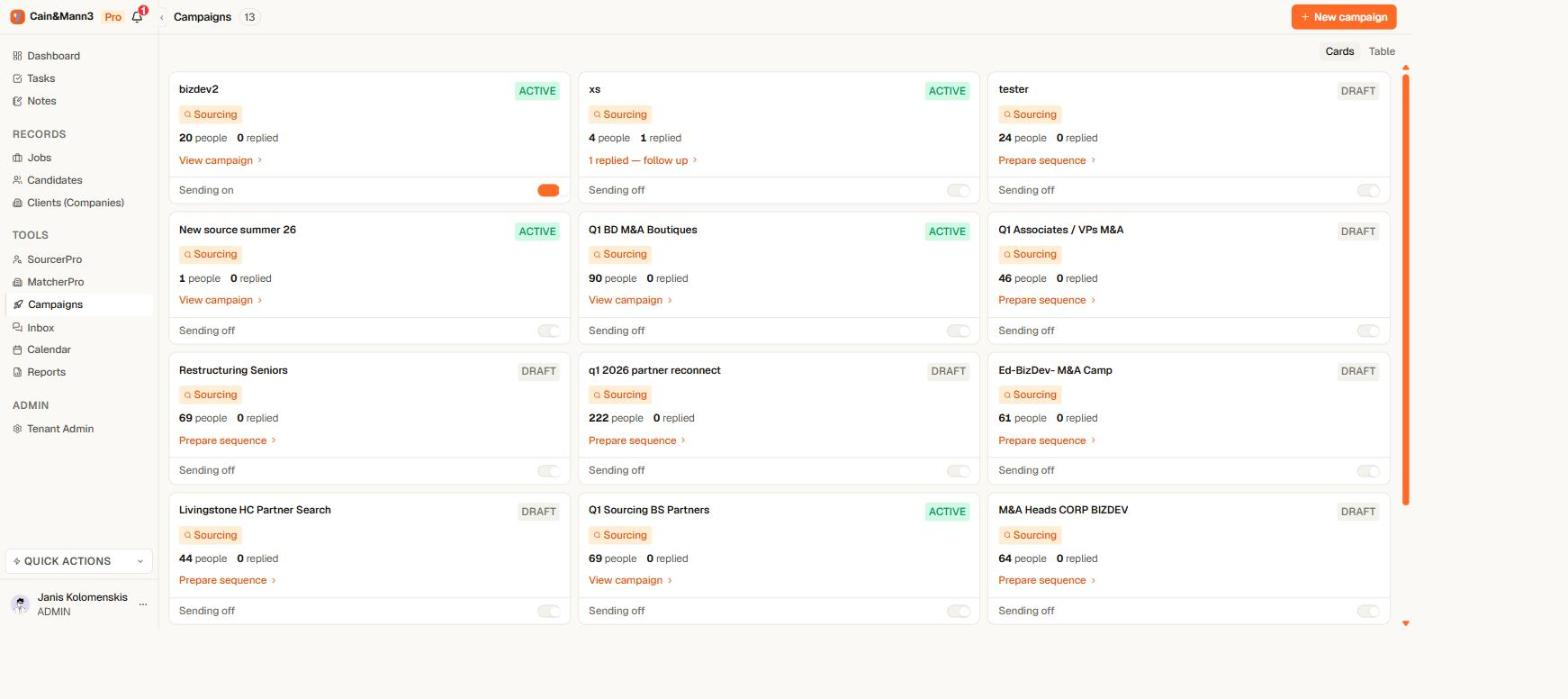 Campaigns list in Yena with status badges and Activate sending switches