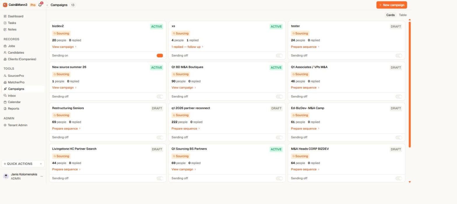 Campaigns list in Yena with status badges and Activate sending switches