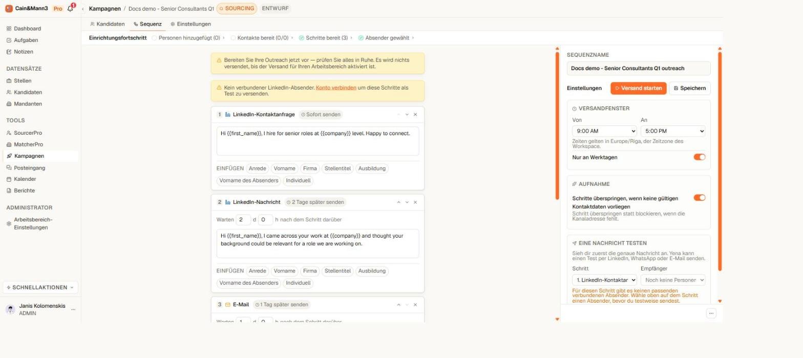 Sequenz-Editor in Yena mit E-Mail- und LinkedIn-Schritten und Timing-Sätzen