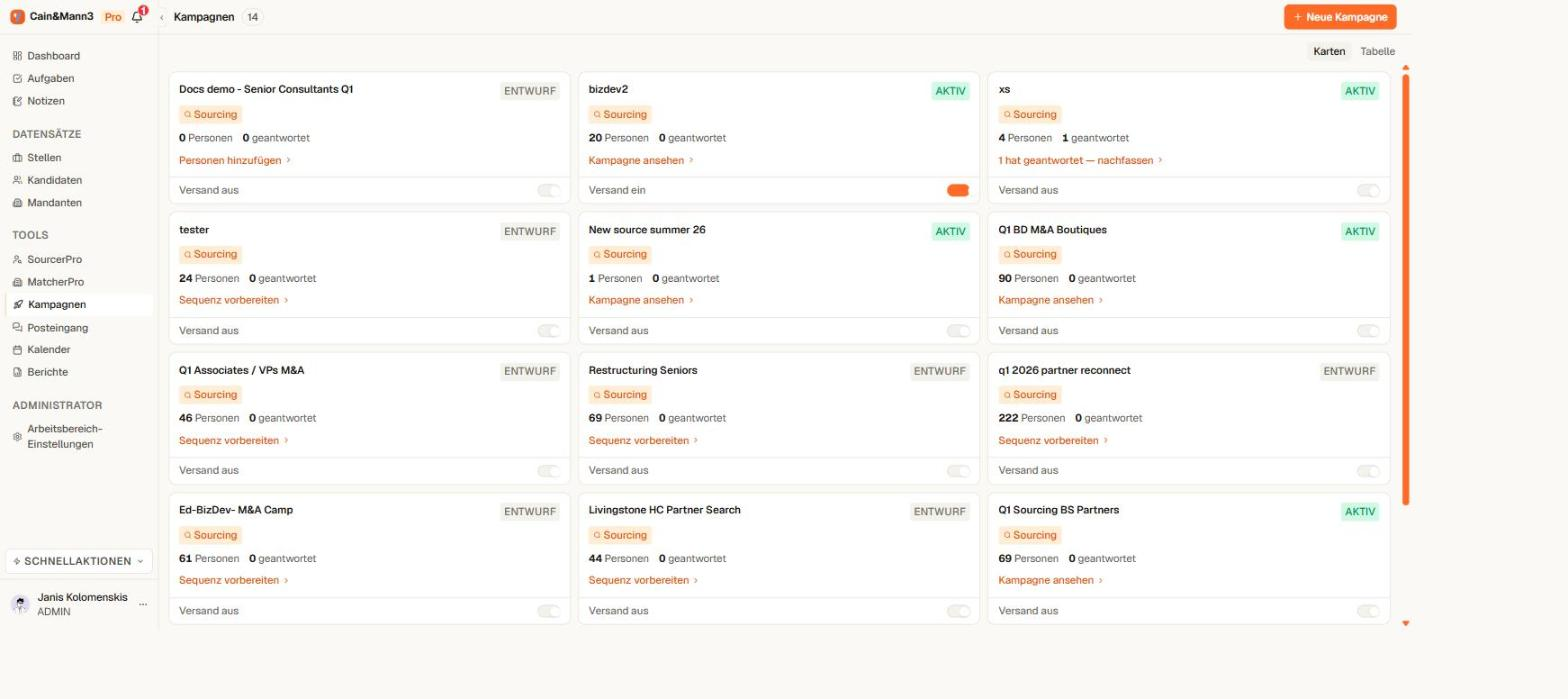 Kampagnenliste in Yena mit Status-Badges und Sende-Schaltern