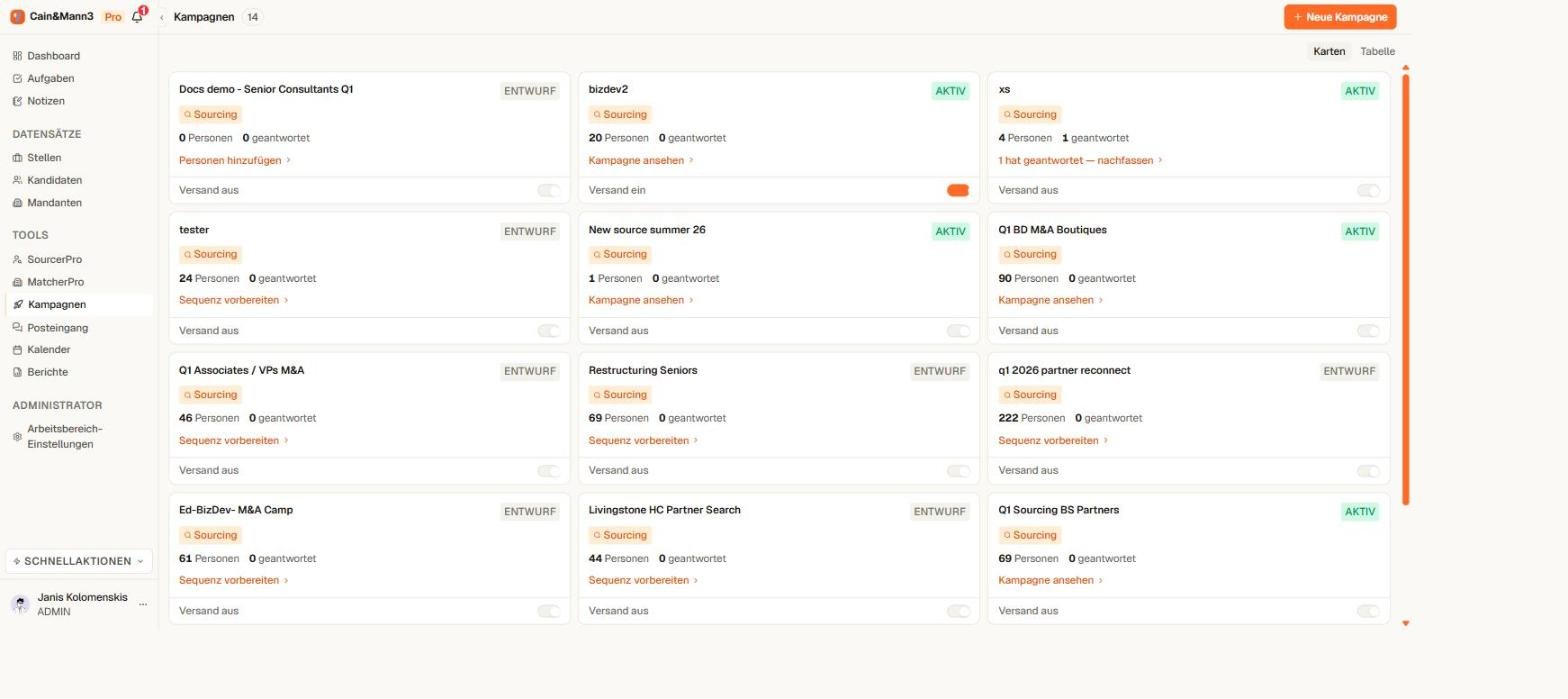 Kampagnenliste in Yena mit Status-Badges und Sende-Schaltern