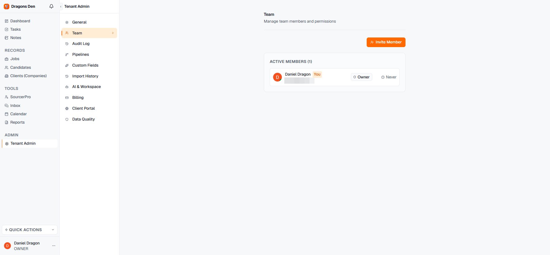 Team-Einstellungen mit Invite Member