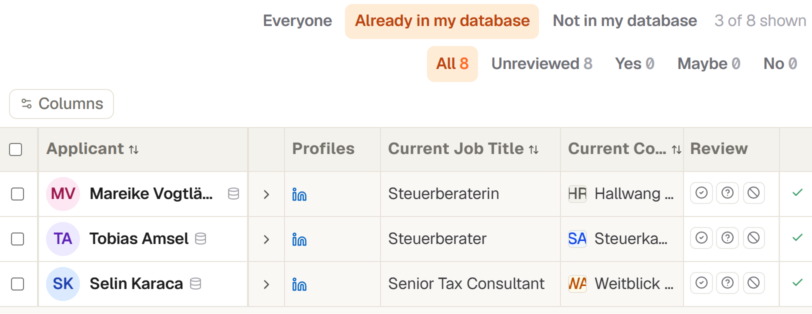 The database filter above the results table