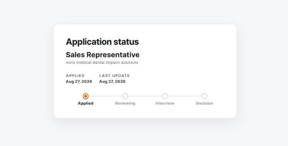 Bewerbungsstatus-Seite mit Stelle, Bewerbungsdatum und einer Fortschrittsleiste mit aktivem Schritt Applied