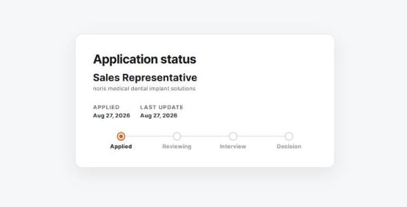 Bewerbungsstatus-Seite mit Stelle, Bewerbungsdatum und einer Fortschrittsleiste mit aktivem Schritt Applied