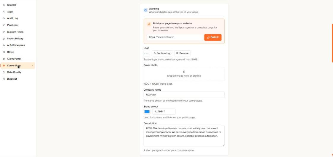 Career Page settings with the build-from-website box, logo, cover, company name, brand colour, and description