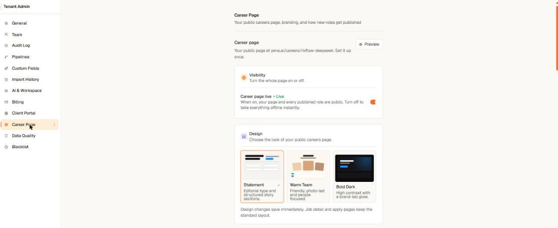 Design picker with the Statement, Warm Team, and Bold Dark career page templates