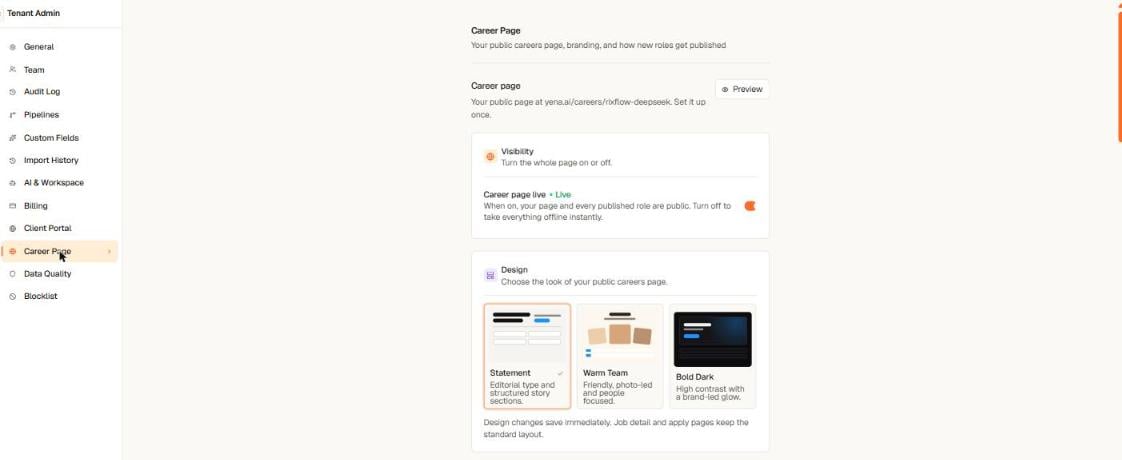 Design picker with the Statement, Warm Team, and Bold Dark career page templates