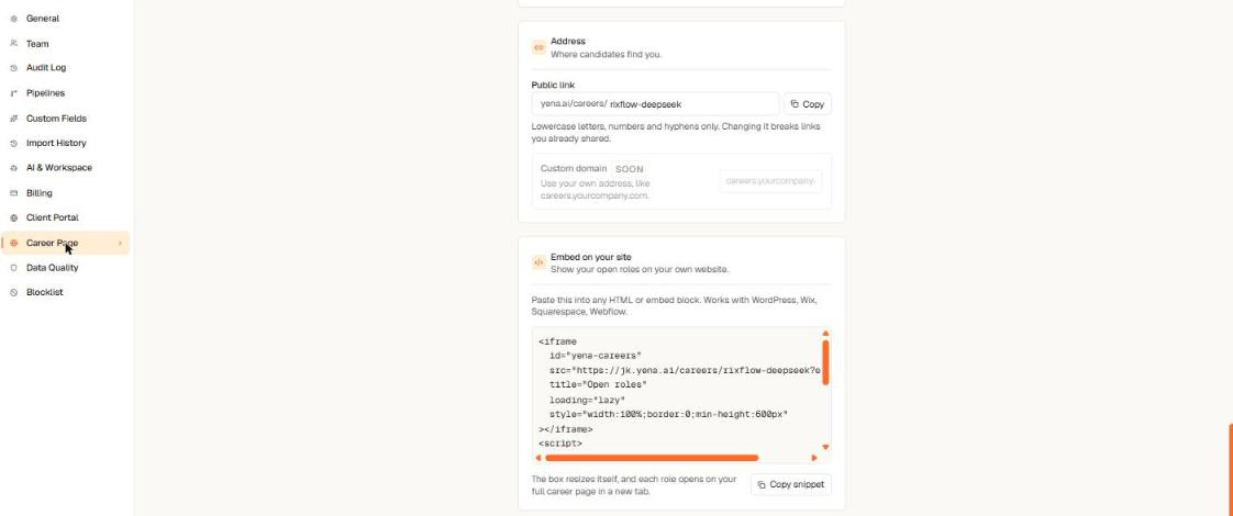 Career-Page-Einstellungen mit öffentlichem Link und dem Embed-Snippet-Codefeld