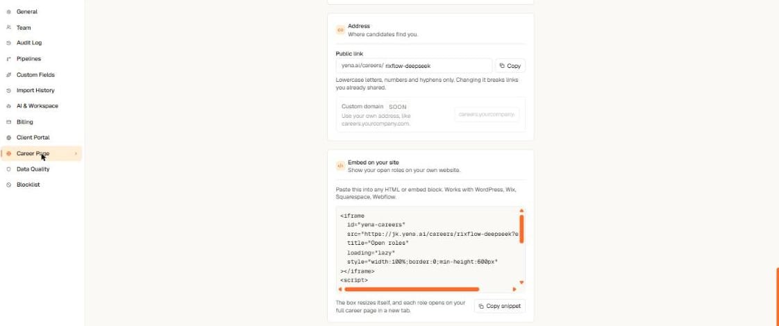Career-Page-Einstellungen mit öffentlichem Link und dem Embed-Snippet-Codefeld