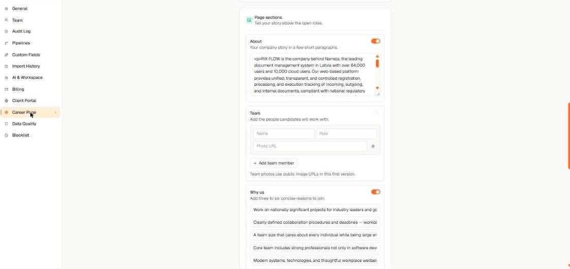 Page sections card with About, Team, and Why us editors