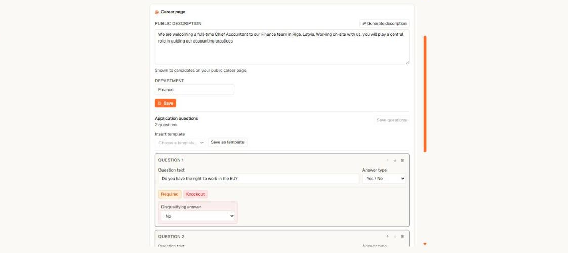 Application-questions-Editor mit einer Ja/Nein-Knockout-Frage, Antworttyp-Auswahl und Vorlagen-Steuerung