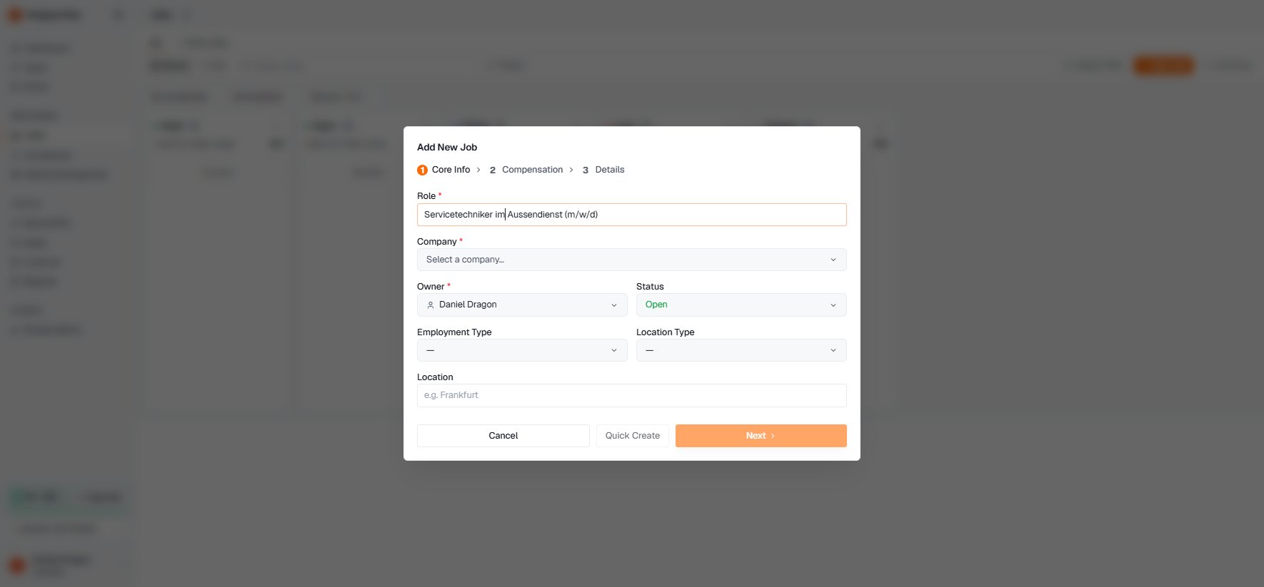 Add New Job wizard, core info step
