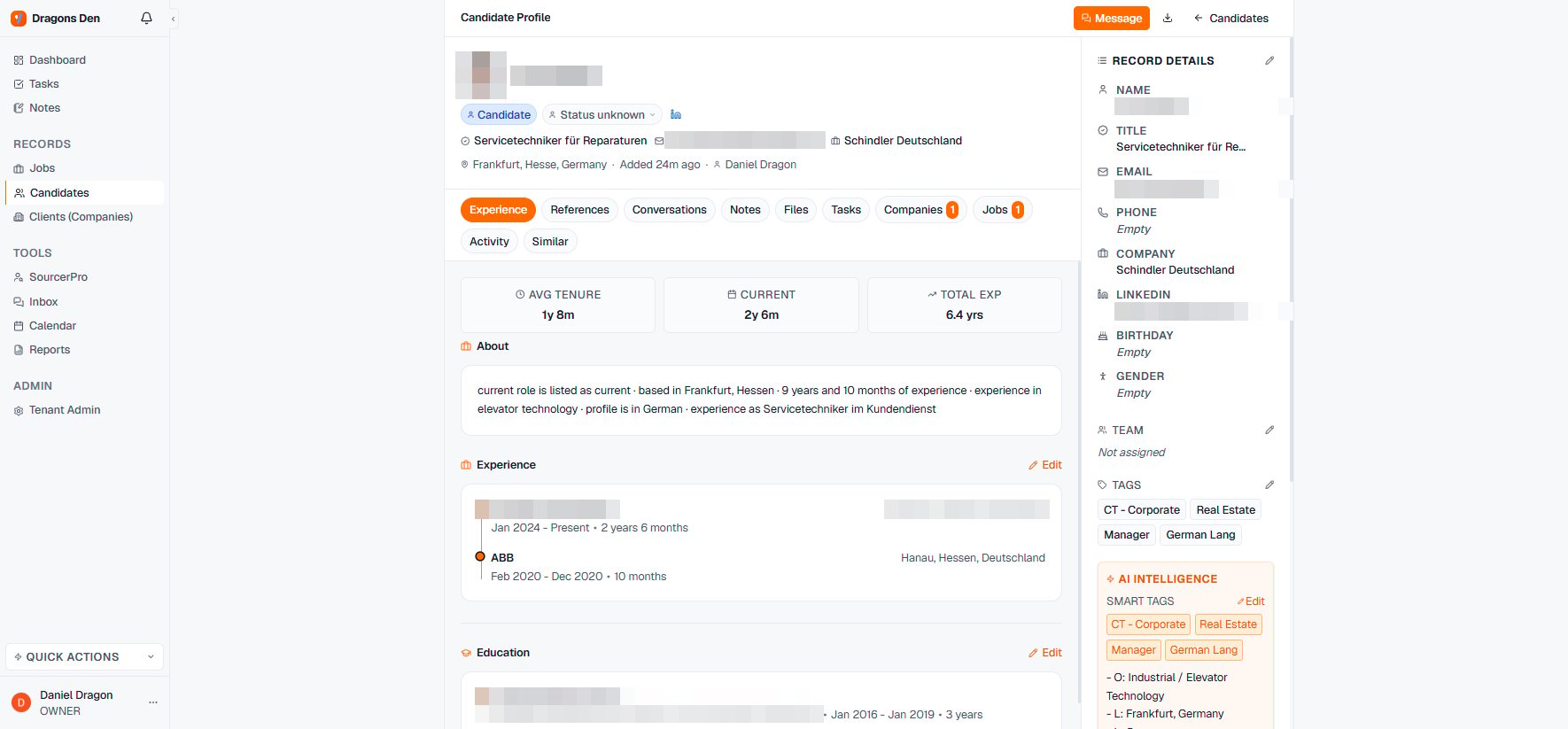 Candidate profile with tabs and record details
