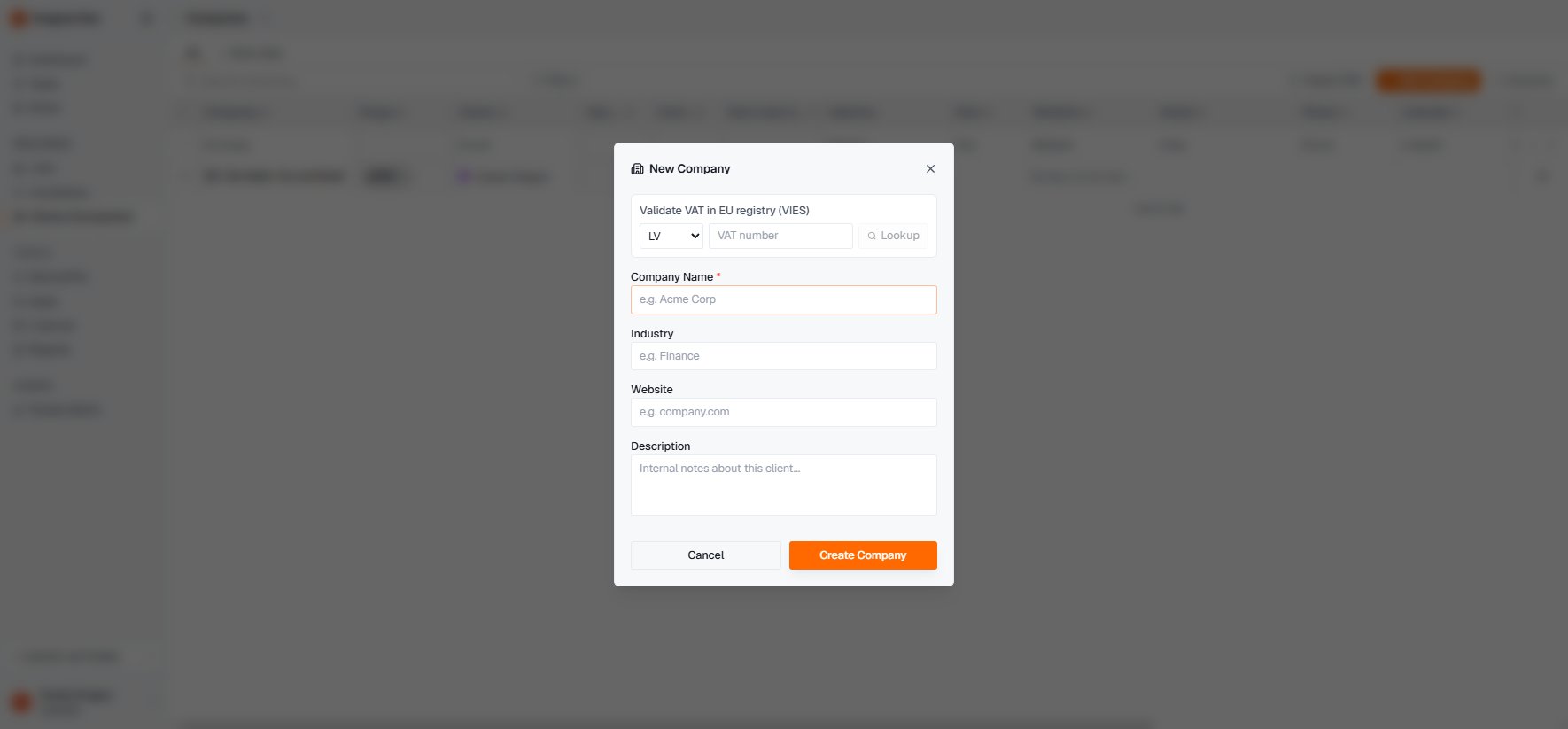 New Company dialog