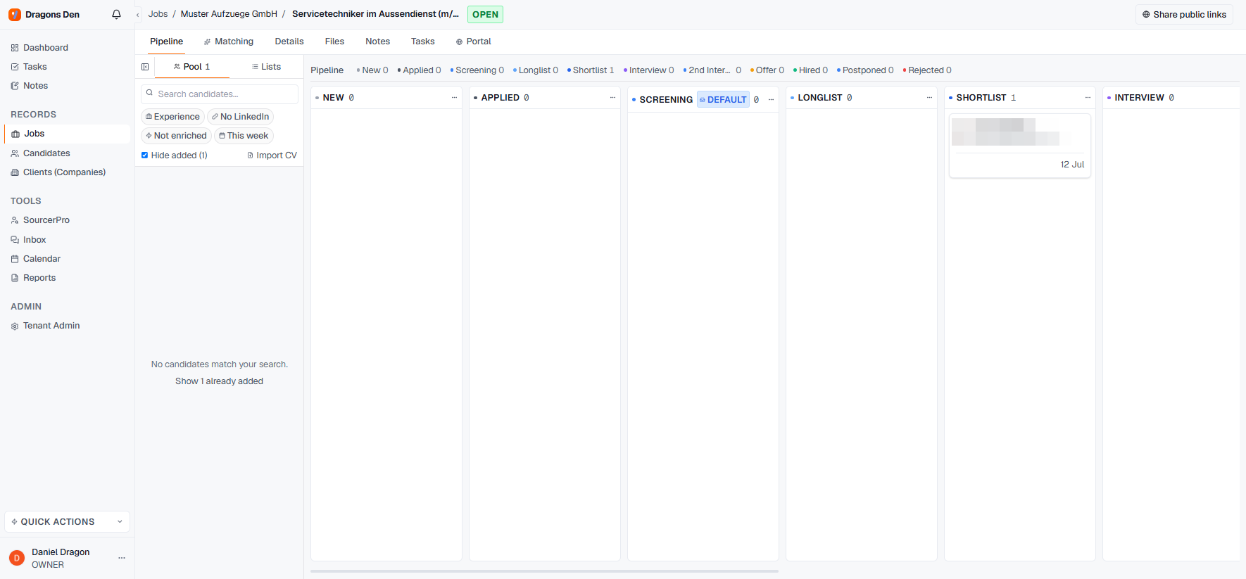 Job pipeline with stages and a candidate card