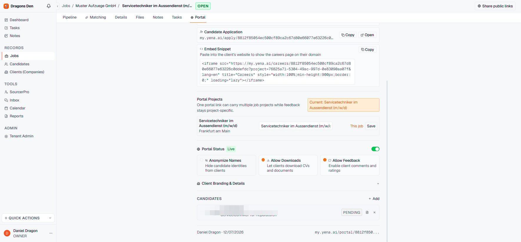 Adding pipeline candidates to the client portal