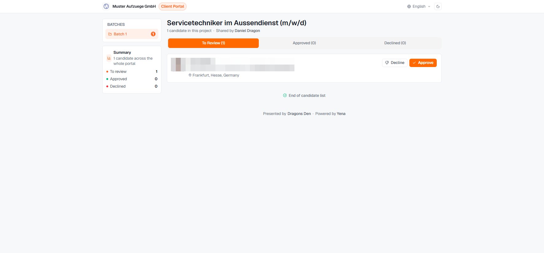 Client portal with a candidate to review