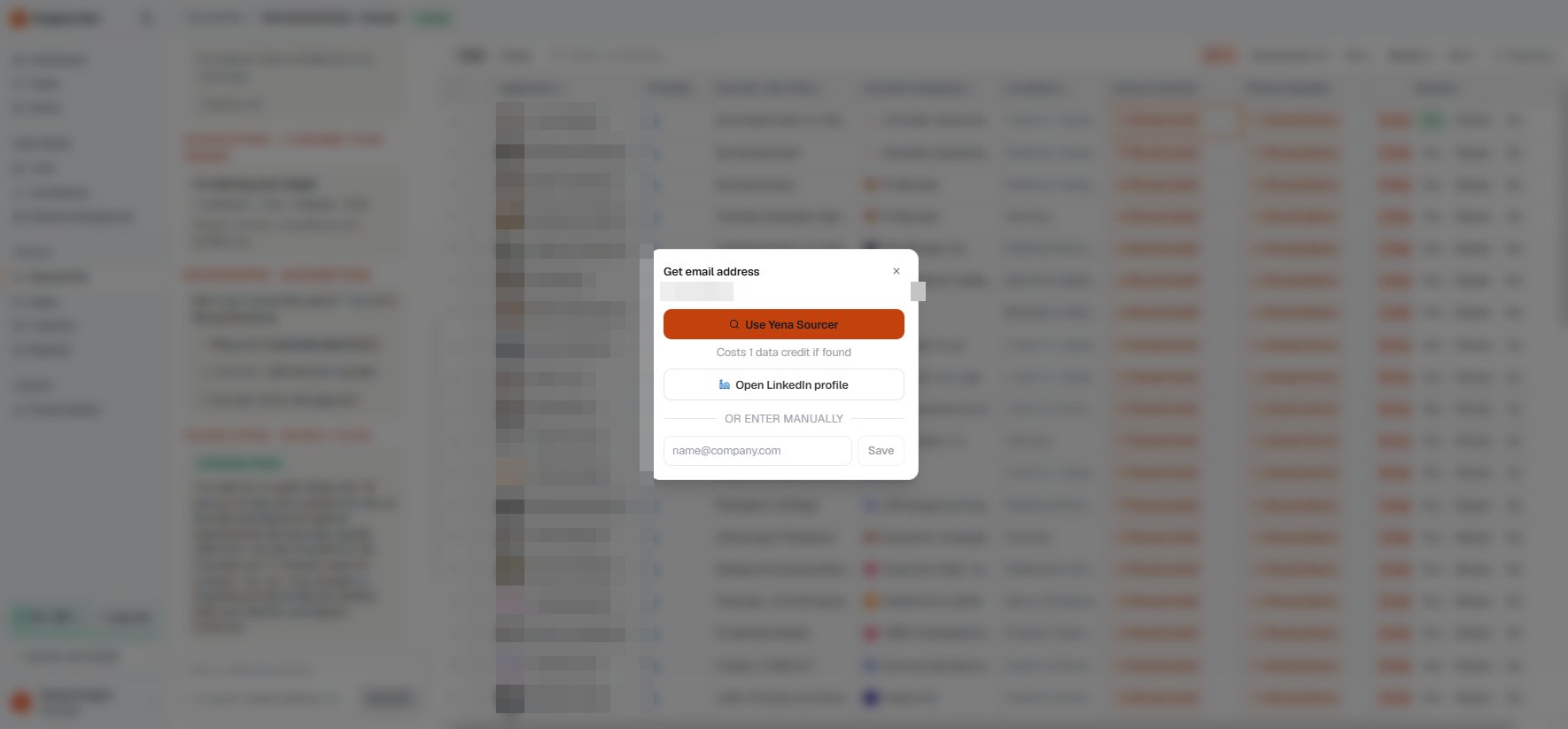 Get email address dialog with Yena Sourcer lookup