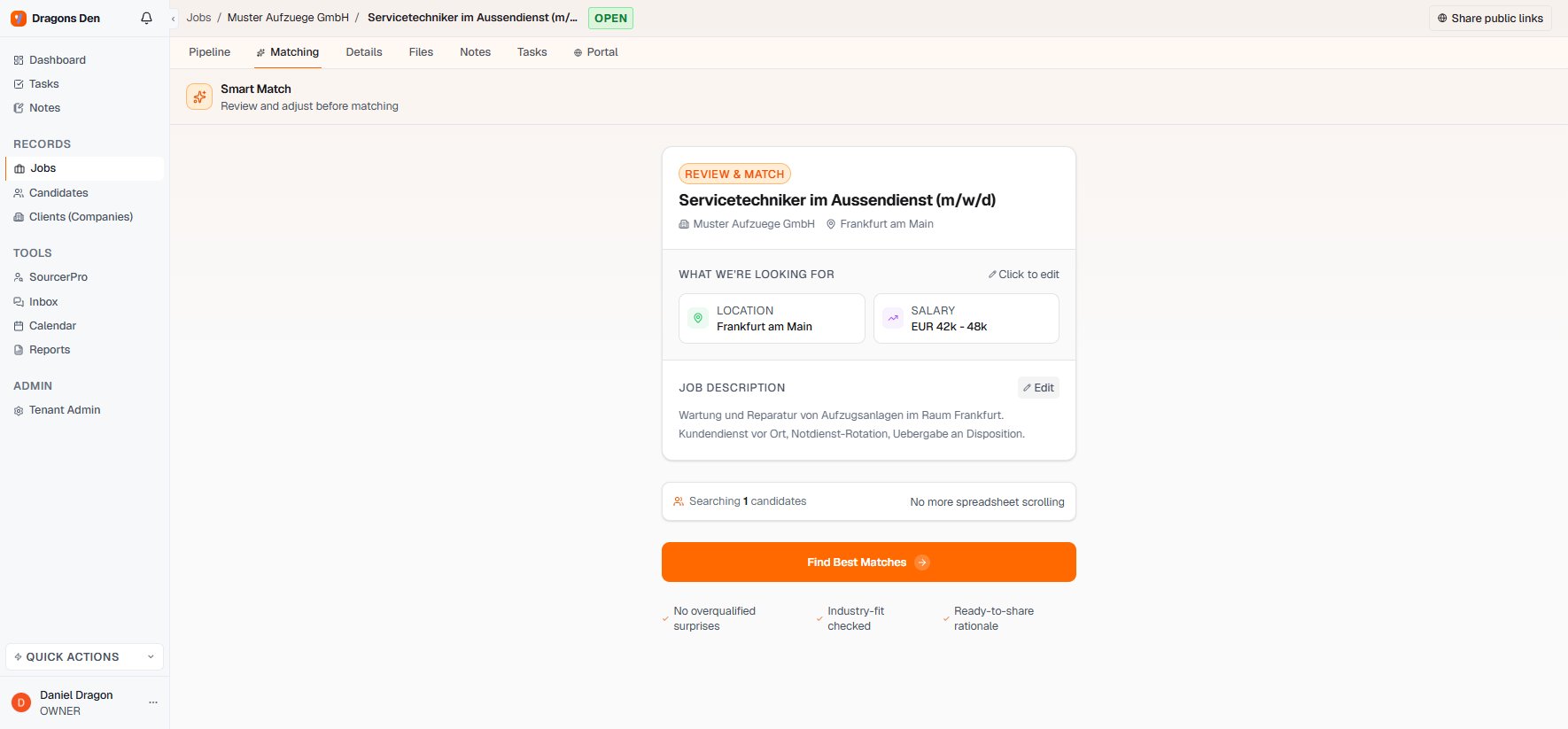 Smart Match review screen with location and salary criteria